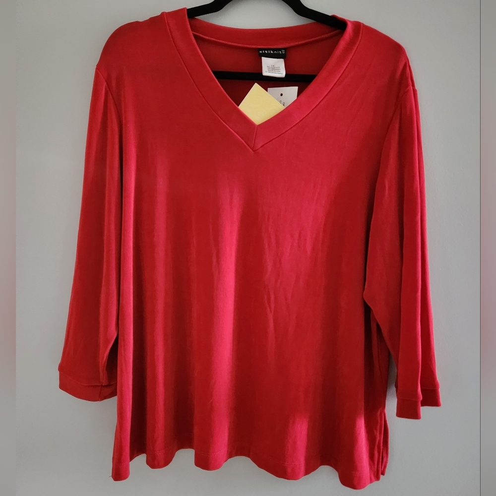 NWT CITI KNIT Vibrant Red Flowing Blouse.  Size 1X GREAT fabric non wrinkle